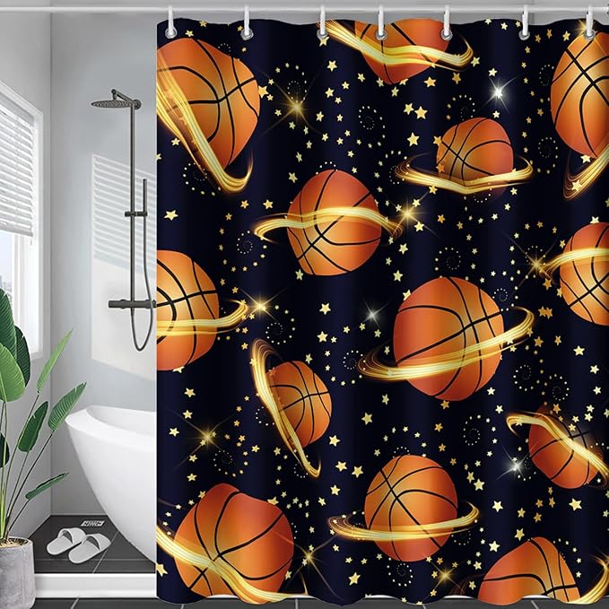 AILONEN Sports Basketball Shower Curtain for Bathroom, Space Planet Ball Print Bath Curtain,Yellow Star Basketball Kids Boys Bathroom Decor Waterproof 36" W*72" H Inch with 12 Plastic Hooks