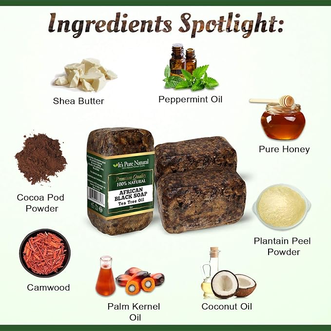 It's Pure Natural African Black Soap Bars with Tea Tree (Pack of 3) Organic Raw Soap for Face & Body, Acne Treatment & Dark Spot Remover [Made in Ghana]