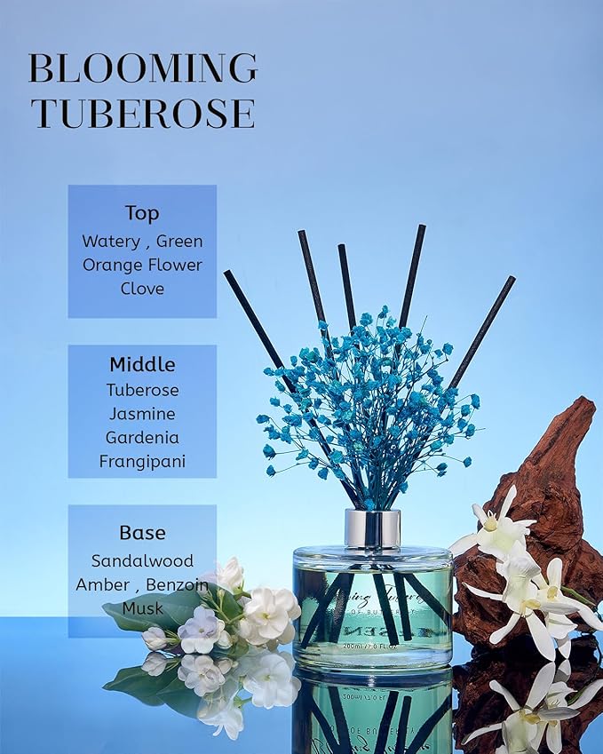M&SENSE Reed Diffuser Set with 7 Sticks | 7.0oz Fresh Tuberose Scent, Long Lasting Oil Diffuser, Non-Toxic Fragrance Diffuser for Home Decor & Mothers Day with Baby's Breath Flower