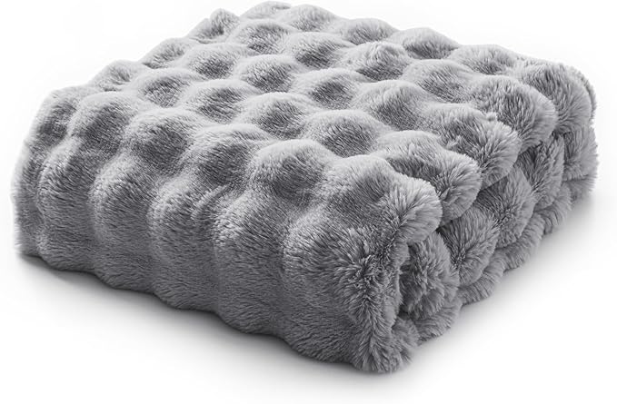 EXQ Home Rabbit Faux Fur Throw Blanket for Couch, Soft Fluffy Bubble Double Sided Plush Blanket, Cozy Thick Warm Fuzzy Decorative Blanket for Bed Chair Sofa Living Room, 50x60 Inches (Light Grey)