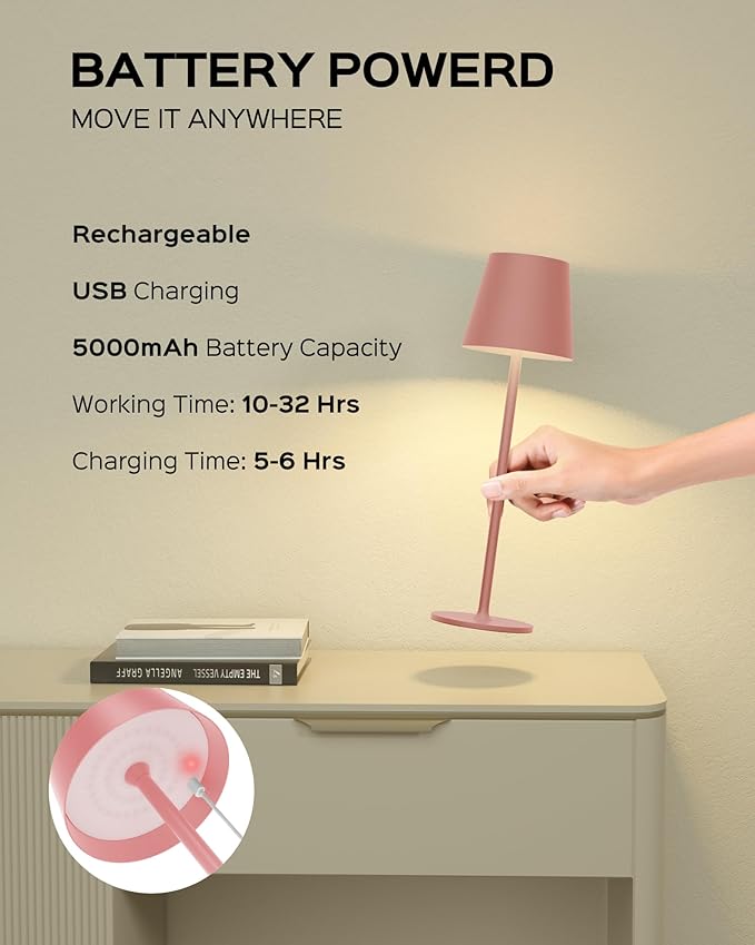 JACKYLED Cordless Table Lamps Rechargeable, 3 Adjustable Height, 5000mAh Battery Operated, 3 Colors Smooth Dimming, Portable LED Waterproof Table Lamp for Dining, Bedroom, Outdoor (2 Pack-Girly Pink)