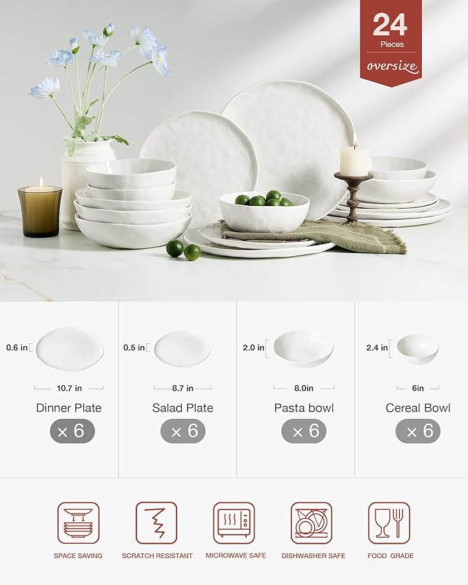 Famiware Porcelain kitchen plates and bowls set, Modern dishes set for 6, Handmade Wave Edge Dinnerware Sets, Microwave and Dishwasher Safe Tableware, Polar White (24pc)