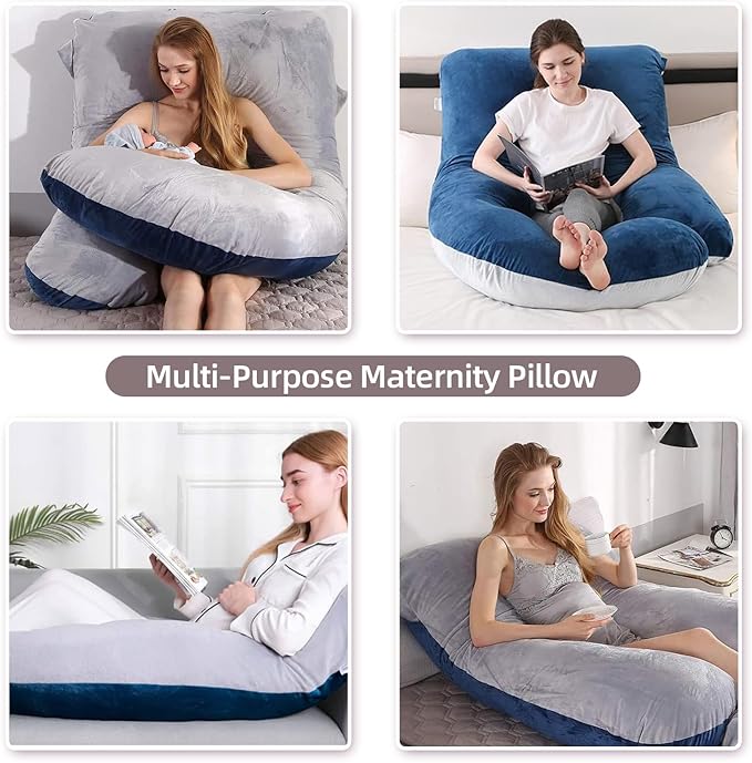 60 Inch Full Body Pregnancy Pillows for Sleeping Cooling Pregnancy Pillow,Maternity Pillows for Pregnant Women with Removable Washable Velvet Cover. (Light Grey & Blue)