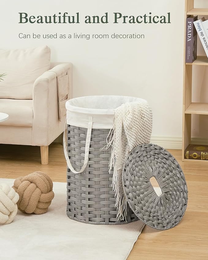 Laundry Hamper with Lid Laundry Basket with Lid 19.0 Gal (72 L) Round Wicker Laundry Basket Handwoven Rattan Basket with Lid Removable Bag 2 Mesh Bags Handles for Living Room Bathroom Gray