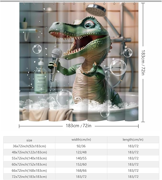 Funny Dinosaur Shower Curtain Cartoon Animal Shower Curtains for Kids Bathroom Decor Waterproof Polyester Fabric Bathroom Curtain with Hooks 72x72 Inch