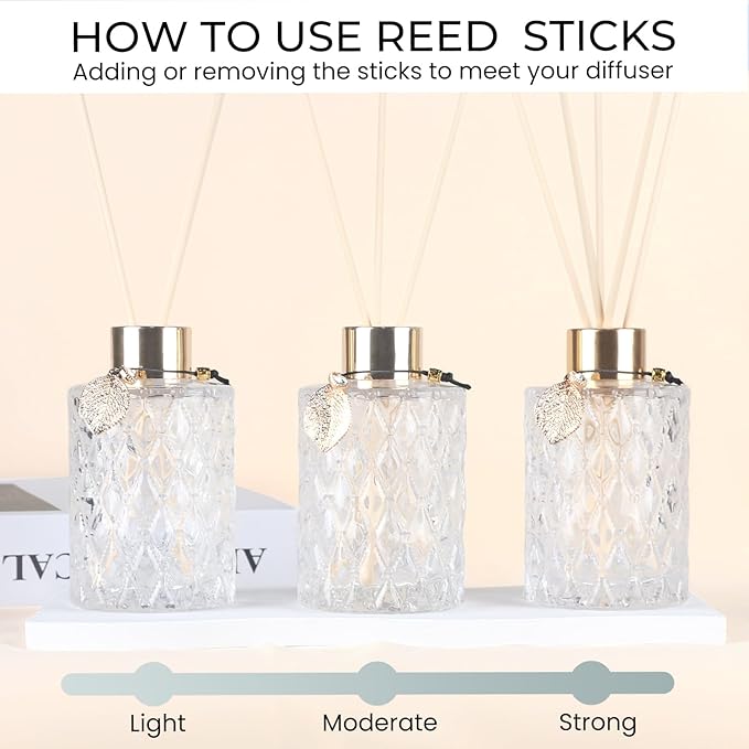 4Pcs Reed Diffuser Set with Metal Golden Decoration, 6oz Empty Reed Diffuser Bottles with 20Pcs Reed Diffuser Sticks, Unique Design Bottles for Home and Office (Large Cylinder)