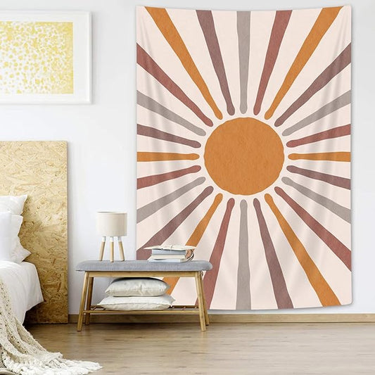 Bohemian Sun and Moon Vertical Tapestry, Vintage Aesthetic Retro 70s Rainbow Tapestry Wall Hanging for Bedroom, Minimalist Geometric Modern Art Tapestries Decor for Dorm Living Room Bedroom, 30X40