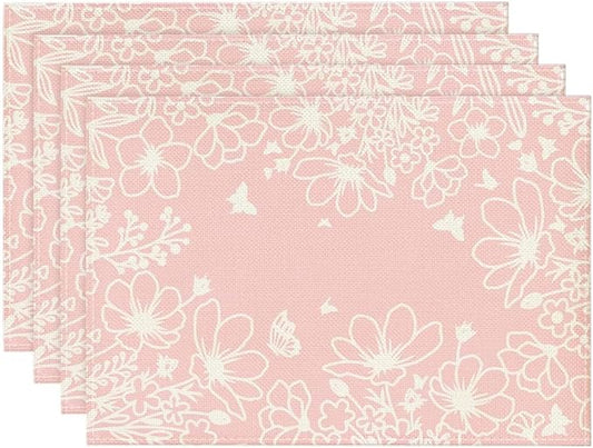 Artoid Mode Pink Bloom Flowers Summer Placemats Set of 4, 12x18 Inch Seasonal Spring Table Mats for Party Kitchen Dining Pink Decoration