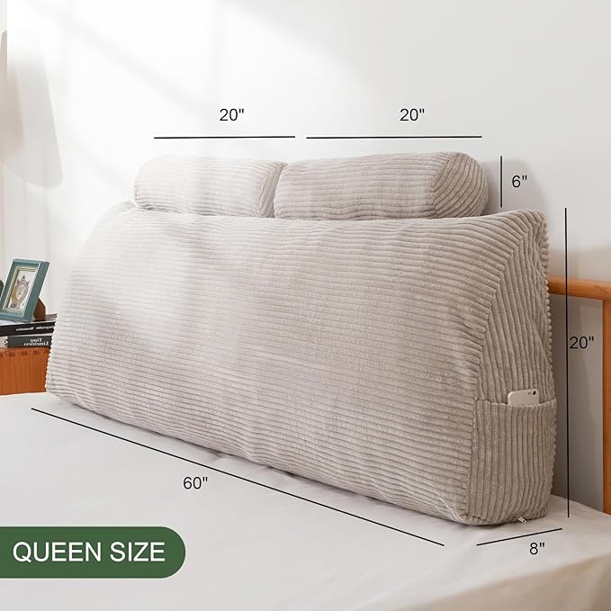 HIGOGOGO Wedge Headboard Pillow, Bed Rest Reading Pillow, Backrest Positioning Support Bolster Cushion with Removable Cover,Queen Size 60X20.4X8.4,Grey