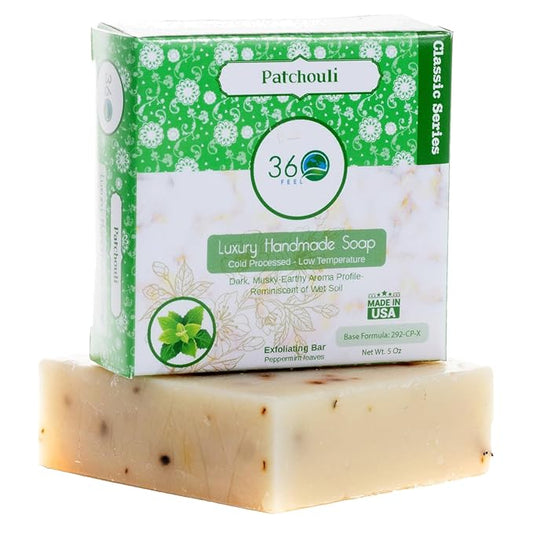360Feel Patchouli Soap - Handcrafted Castile Patchouli Soap Bar with Soothing Scent - Handmade with Essential Oils - A Gift for Anniversaries, Weddings, and Holiday Stockings - Rich Lather - 5 Ounce