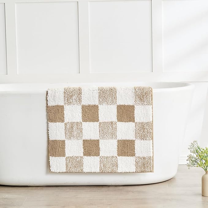 CozeCube Beige Checkered Bath mats Non Slip, Fluffy Absorbent Microfiber Runner Bath mat Washable, Aesthetic Bathroom Rugs, Long Bath mat for Bathroom Floor, 59" x 24"