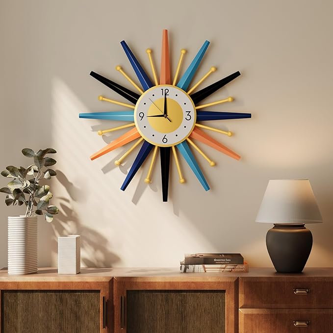 Mid Century Wall Clock, 22 Inch Large Vintage Metal Colorful Starburst Decorative Clocks Battery Operated, Boho Fancy Wall Clock for Kitchen Bedroom Living Room
