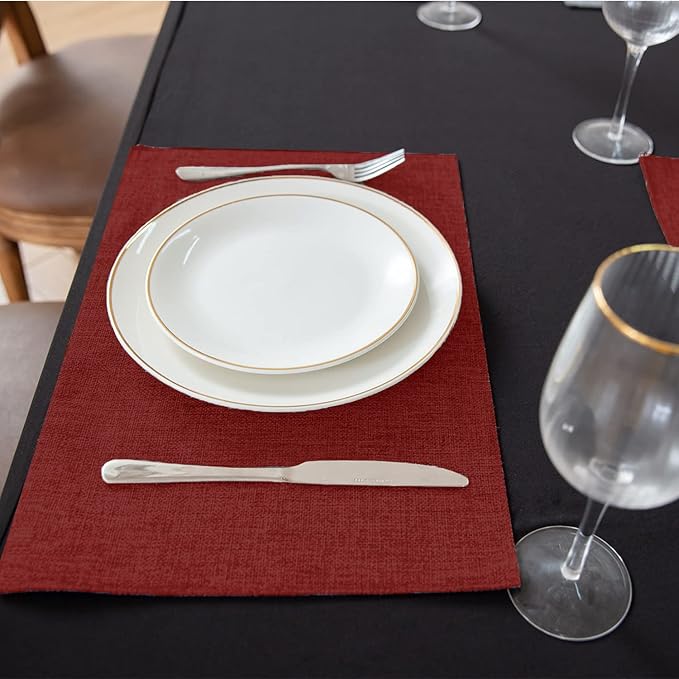 Linen Fabric Placemats Set of 6, Machine Washable, Heat Resistant, Wrinkle Free, Thick Polyester Kitchen Place Mats for Dining Table (Burgundy)