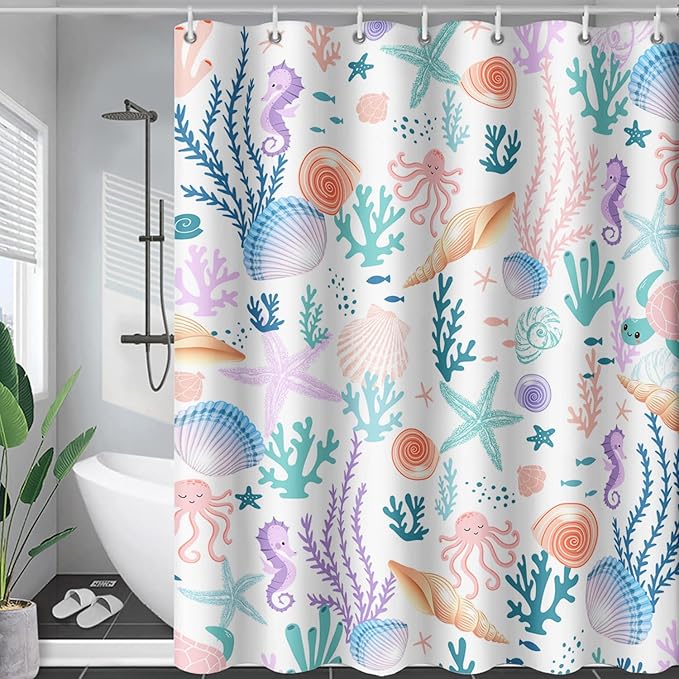 AILONEN Kids Ocean Shower Curtain for Bathroom,Funny Cute Octopus Fish Ocean Under Sea Coral Starfish Bath Curtain for Boys Girls,60" W*72" H Art Waterproof Decor Fabric 12 Pack Hooks