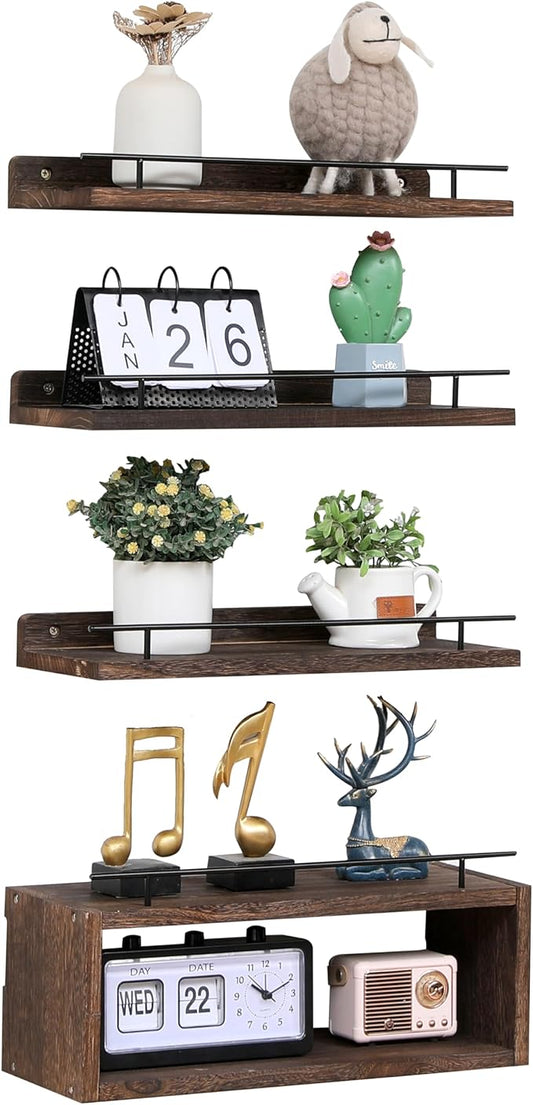 WONFUlity Bathroom Shelves, Wall Shelves with Storage Basket, Floating Shelves with Over Toilet Paper Holder, Farmhouse Wood Wall Shelves for Living Room, Bedroom, Kitchen,Wall Décor (4 Walnut)