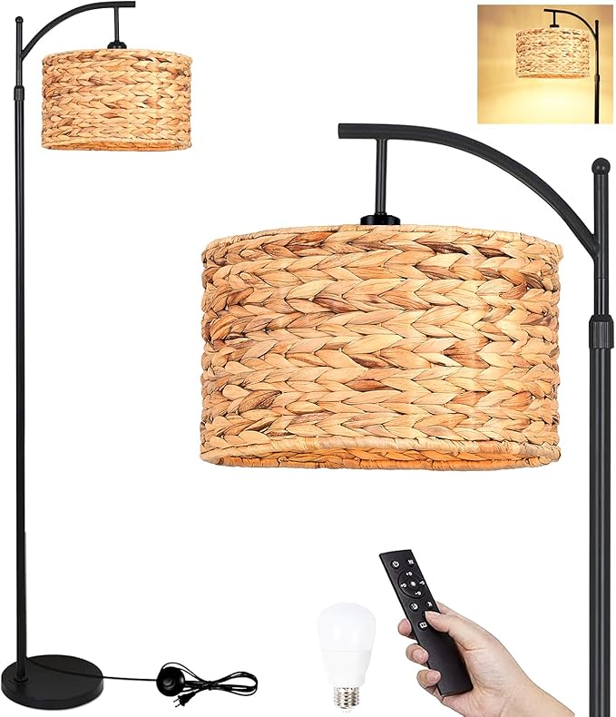 Floor Lamp for Living Room Bedroom Rattan Boho Arc Standing Lamp with Remote Dimmable Black Wicker Bamboo Lamp Shade Floor Light Adjustable Tall Lamp Farmhouse Industrial Floor Lamps Bohemian