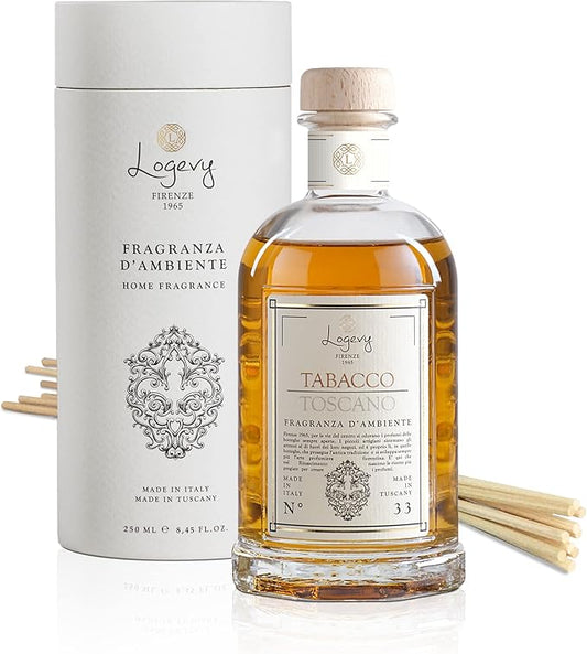 Logevy Firenze 1965 Tabacco Toscano – Tuscan Tobacco Luxury Home Fragrance Diffuser from Master Perfumer in Italy with Sweet Musky Notes in Elegant Glass Bottle with 10 Natural Bamboo Reeds – 250ml