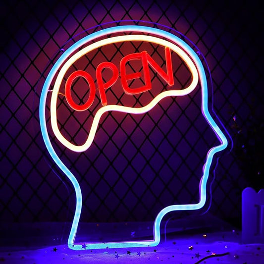 JFLLamp Open Mind Brain Neon Signs for Wall Decor Neon Lights for Bedroom Suitable for Man Cave Bar Pub Office School Christmas Birthday Party 5V Power Adapter, 14.1 * 12.2 Inch(Blue+Warm White+Red)