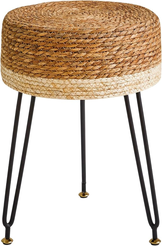 YMYNY Pouf Ottoman, Handmade Natural Water Hyacinth, Pastoral Style Footrest, Footstool with 4 Metal Legs Round Vanity Stool for Bedroom, Hallway, Living Room 12.59"L×12.59"W×17.71"H White UHBD029W