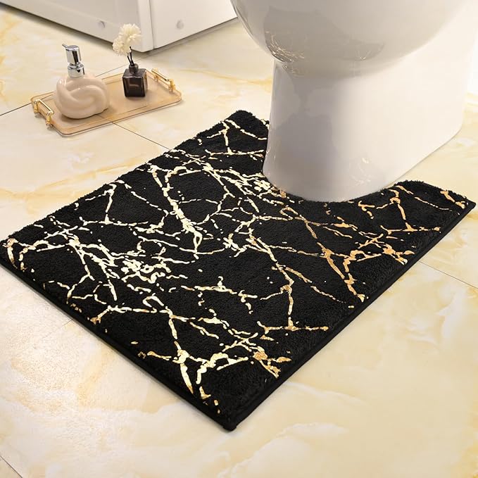 QJHOMO Toilet Rugs U Shaped Black and Gold Bathroom Rugs, Gold Decor Toilet Mat Contour Bath Rug Marble Bathroom Accessories, Extra Thick Carpet Non Slip Floor Mats Machine Washable (20x24 inch)