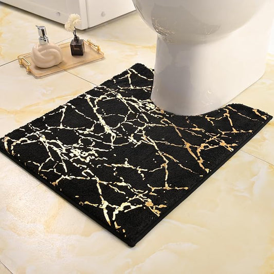QJHOMO Toilet Rugs U Shaped Black and Gold Bathroom Rugs, Gold Decor Toilet Mat Contour Bath Rug Marble Bathroom Accessories, Extra Thick Carpet Non Slip Floor Mats Machine Washable (20x24 inch)