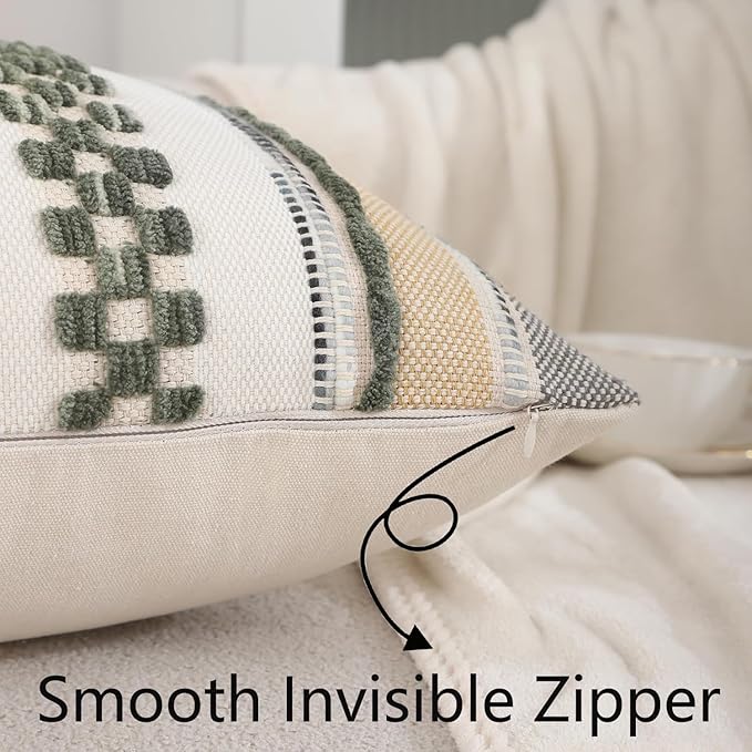 Tosleo Christmas Green 18x18 Pillow Covers Set of 2 Boho Throw Pillow Covers Striped Decorative Pillow Cases Accent Chenille Pillow Cases Farmhouse Cushion Case Accent Nuetral Textured Pillow Cover