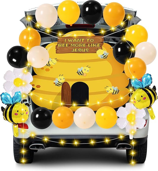 Halloween Trunk or Treat Car Decorations Kit - Halloween Car Decor with Bee Theme Banner, Balloons, Yellow String Lights, Halloweens Outdoor Decorations for Cars SUV Garage Door Entryway Archway