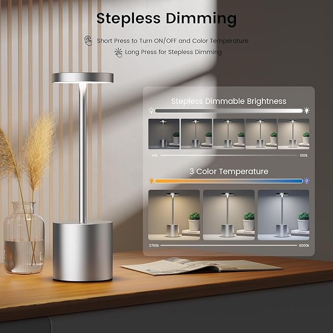 SAKRINGT Outdoor Table Lamp,LED Table Light,Cordless Table Lamp Rechargeable,5000mAh Battery Powered Dimming Desk Lamp for Restaurant/Patio/Outdoor(Silver)