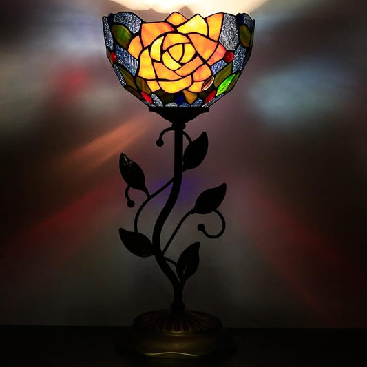 Small Tiffany Lamp Stained Glass Table Lamp Uplight Accent Lamp with Metal Leaf Base Yellow Purple Rose Style Desk Light 8X19 Inch for Home Office Living Room Bedroom