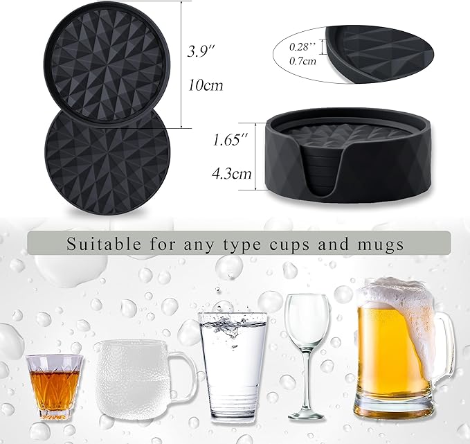 Silicone Coasters for Drinks[6 Pack]- Cup Mat with Holder for Tabletop Protection-Non-Slip, Non-Stick, Coffee Table Decor, Great Gift for Any Occasion, Black