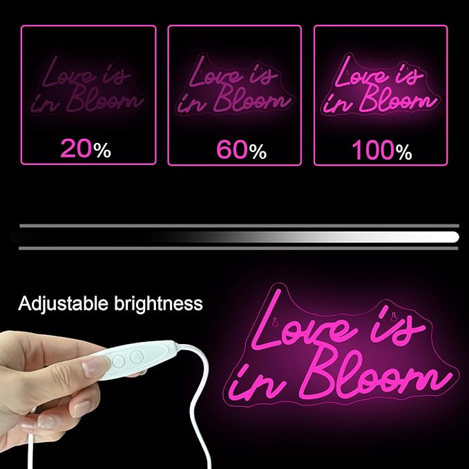 NOSUN Love is in Bloom Neon Sign for Wall Decor Dimmable Led Lights Signs Letters Signs for Bridal Shower Pink Neon Light Room Decor for Wedding Engagement Birthday Party Gift