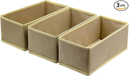 Socks Drawer Organizer Set of 3 Pack Khaki, Underwear Dividers, Closet Cabinet Dresser Wardrobe Storage Boxes for Panties Stockings Leggings