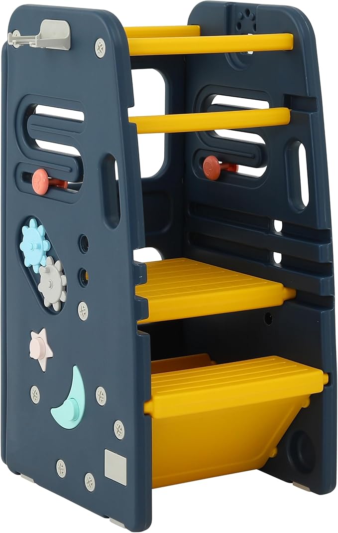 SDADI Multifunctional Toddler Tower with Double Safety Rails - Adjustable & Non-Slip for Kitchen and Bathroom Use - Montessori Step Stool for Kids, Dark Blue and Yellow