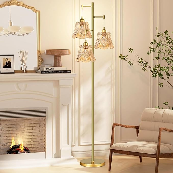 Gold Floor Lamp for Living Room,Bedroom,Mid Century Modern Standing Lamp Brass Tree 3 Light Tall Floor Lamps Vintage Retro Floor Lights Glass Green Flower Lamp Shade Farmhouse Boho Bohemian