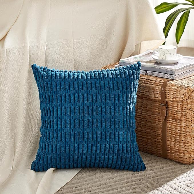 Fancy Homi 4 Packs Teal Decorative Throw Pillow Covers 20x20 Inch for Living Room Couch Bed Sofa, Rustic Farmhouse Boho Home Decor, Soft Striped Corduroy Square Cushion Case 50x50 cm