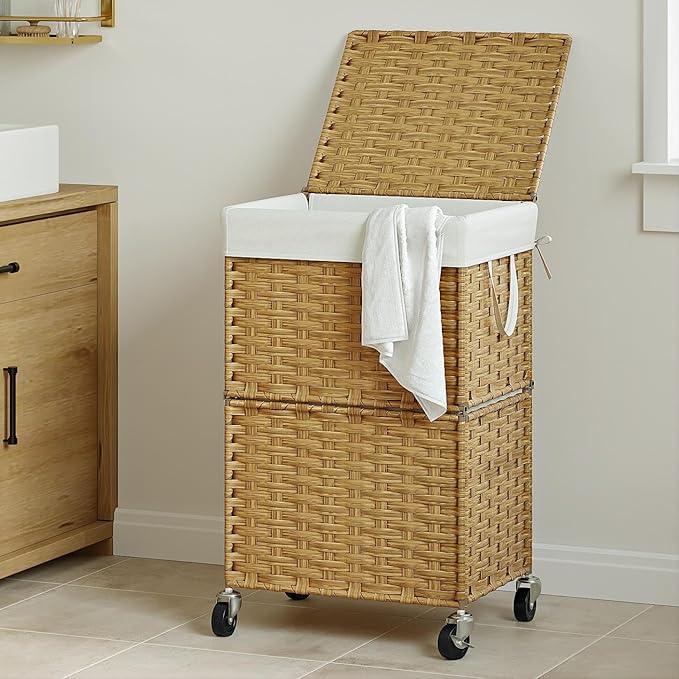 Chrislley 90L Slim Laundry Hamper with Wheels,Rolling Laundry Basket with Lid and Renovable Liner Bag,Handwoven Rattan Organizer for bedroom, bathroom, laundry room (Yellow)