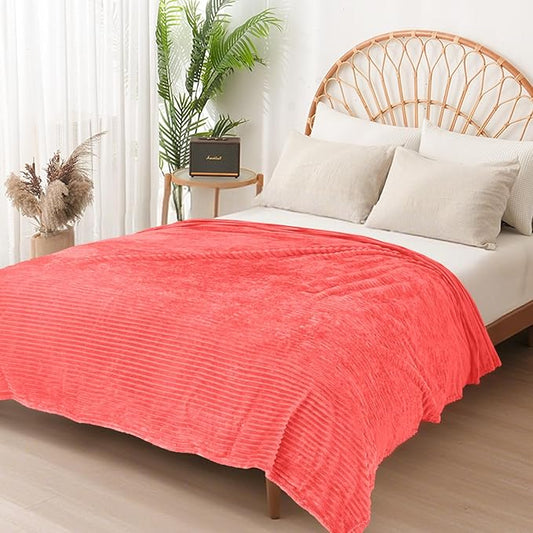 Vessia Flannel Fleece Twin Blanket for Couch,Sofa,Bed, 300GSM Striped 60x80 inch Red Blanket for Adults and Kids, Super Soft Warm Cozy Lightweight Ribbed Decor for All-Season