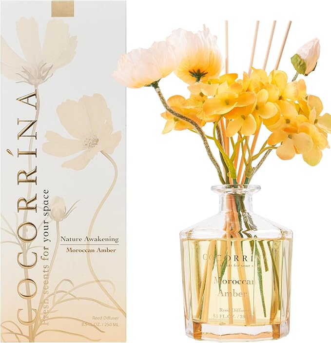 COCORRÍNA Reed Diffuser - Moroccan Amber 8.5oz Flower Reed Diffuser Set with 8 Sticks, Home Fragrance Reed Diffuser for Home Bedroom Office Bathroom Shelf Decor (Master Collection)