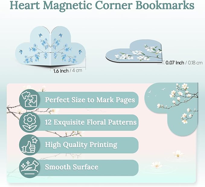 12 PCS Heart Magnetic Bookmarks for Reading Women, Assorted Magnet Corner Book Marks with Flower Patterns, Aesthetic Reading Gifts for Women, Teachers, Book Lovers, Girls (Floral Style)