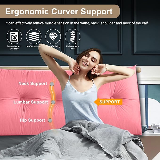 Large Triangular Headboard Pillows Long Backrest Positioning Support Bolster Cushion for Daybed Fluffy Quality Plush Body Wedge Pillow with Removable Cover(Pink -Queen-59x8x20in)