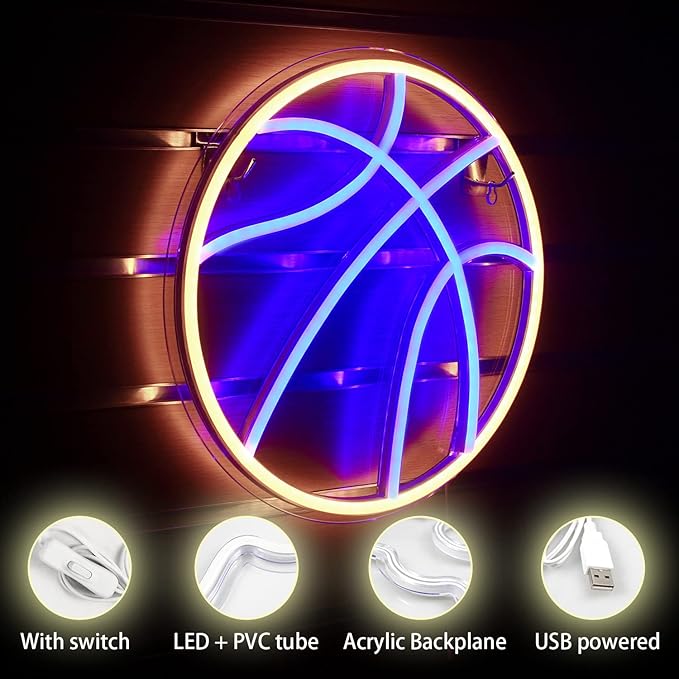 Basketball Neon Signs Sport Neon Light Led Sign Neon Sign for Bedroom Led USB Powered Switch Light up Sign Neon Sign for Wall Decor Bedroom Christmas Birthday Signs Kids Gift(Blue Yellow