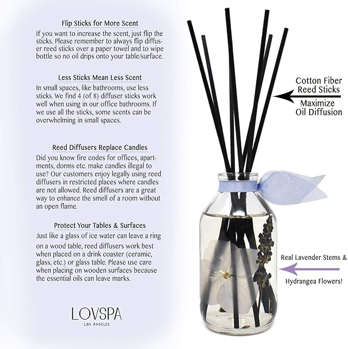 LOVSPA Lavender De Provence Essential Oil Reed Diffuser and Sticks Set - Calming Aromatherapy for Stress Relief and Relaxation - Real Lavender Stems and Hydrangea Flowers - Handmade in The USA