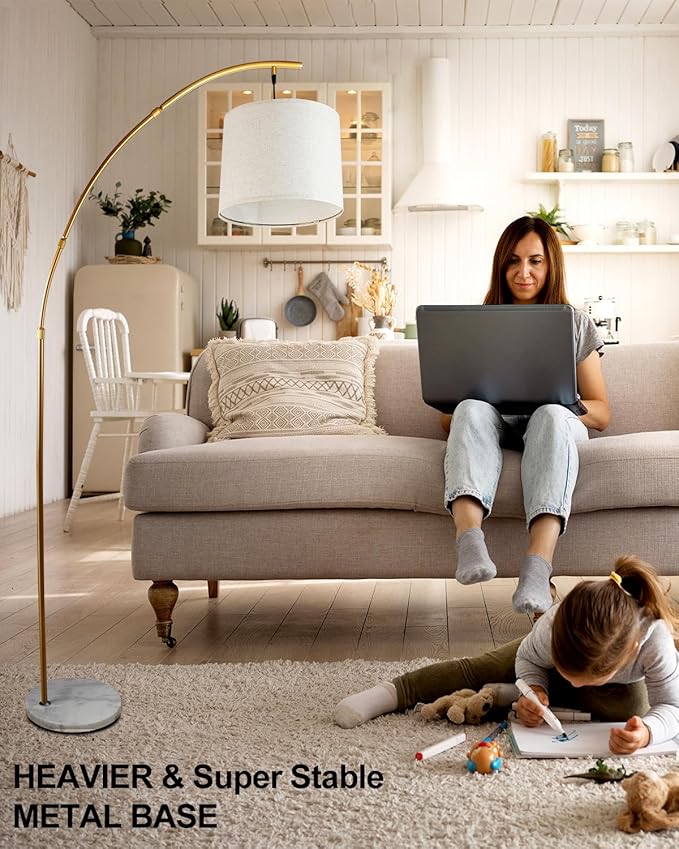 Lightdot Arc Floor Lamps for Living Room, Modern Standing Lamp with Hanging Drum Shade, Tall Standing Floor Lamp with Foot Switch, Over Couch Arched Reading Light for Bedroom, Office (Gold)