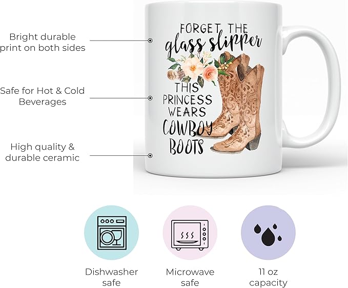 YouNique Designs Forget The Slippers This Princess Wears Cowboy Boots Mug, 11 Ounces, Country Girl Cup for Women, Cowgirl Coffee Mug (White)