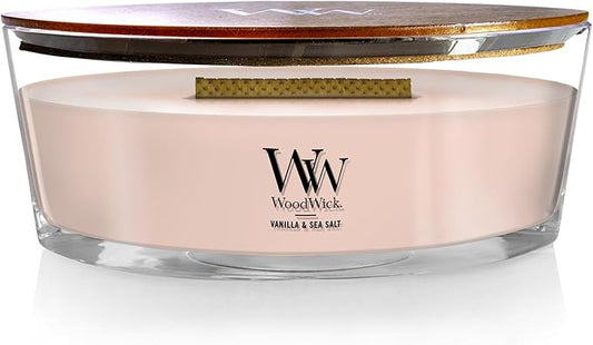 WoodWick Ellipse Scented Candle, Vanilla & Sea Salt Scent, Crackles as it Burns, Up to 50 Hours Burn Time, Premium Soy Blend, Perfect for Gifting, 16oz