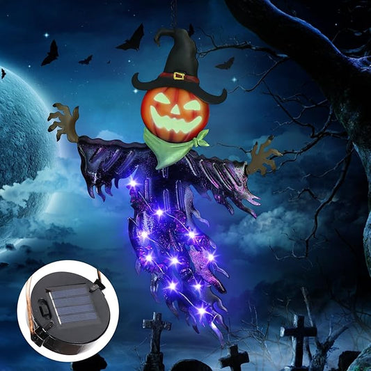 ILLUMINEW Solar Halloween Metal Hanging Decorations Outdoor, Solar Powered Lighted Metal Pumpkin with Glowing Eyes for Halloween Outdoor Tree, Wall, Porch, Patio Decor (Pumpkin)