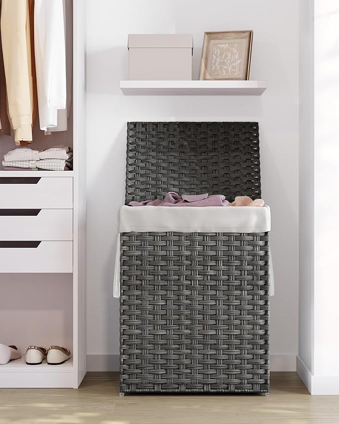 SONGMICS Laundry Hamper with Lid, 23.8 Gallon (90 L) Synthetic Rattan Clothes Laundry Basket with Lid and Handles, Foldable, Removable Liner, Dove Gray ULCB51WG