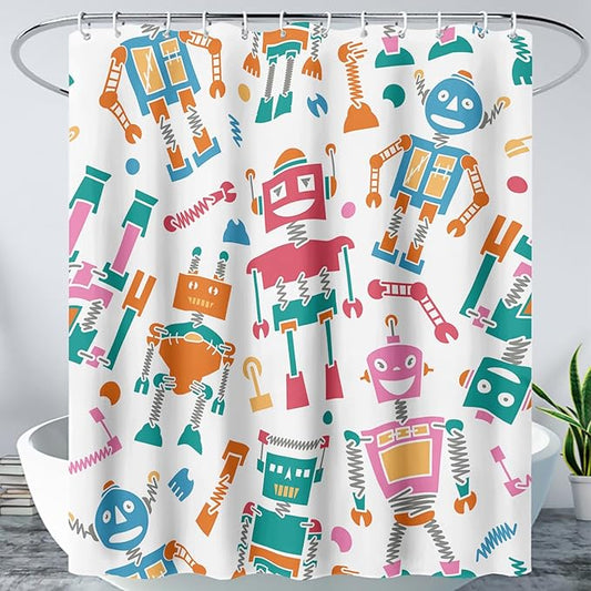 AILONEN Robots Shower Curtain,Modern Cartoon Super Robot Pattern Bathroom Decor for Boys Girls Teens Kids, 36" W*72" H Watercolor Robot Shower Curtain Set