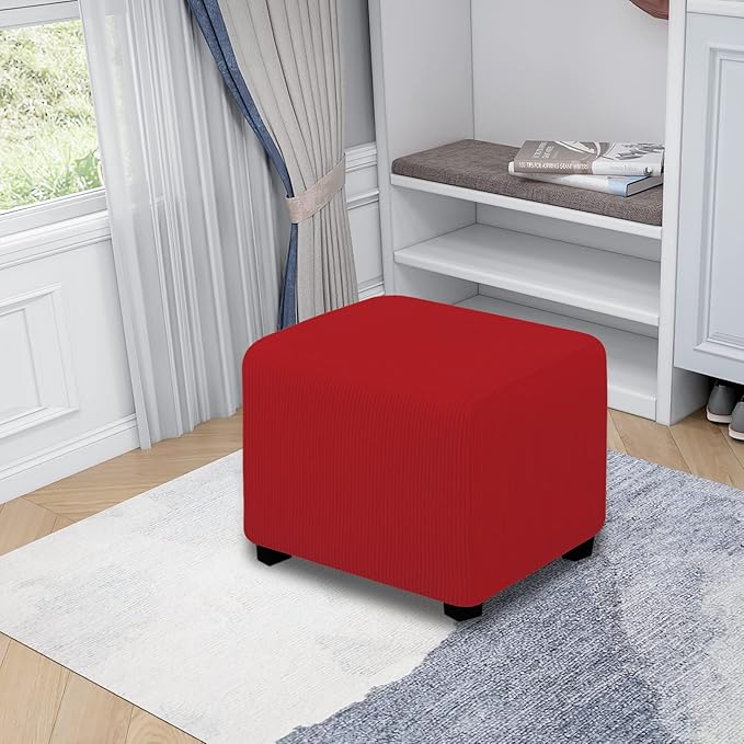 Easy-Going Stretch Square Ottoman Cover Folding Storage Stool Furniture Protector Soft slipcover with Elastic Bottom (15x15x15inch, Christmas Red)