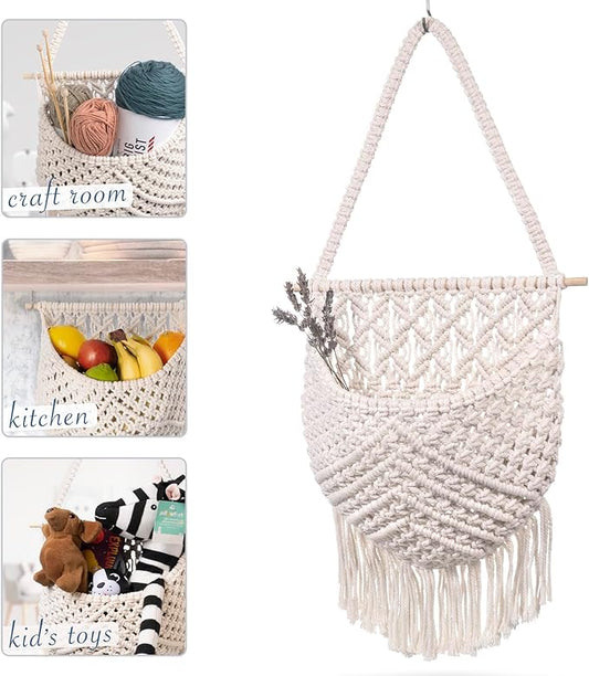 Macrame Fruit Basket, Vegetable and Fruit Hammock for Kitchen Under Cabinet - Hanging Wall Decor, Boho Baskets for Storage, Counter Space Saver - Cotton, Off White